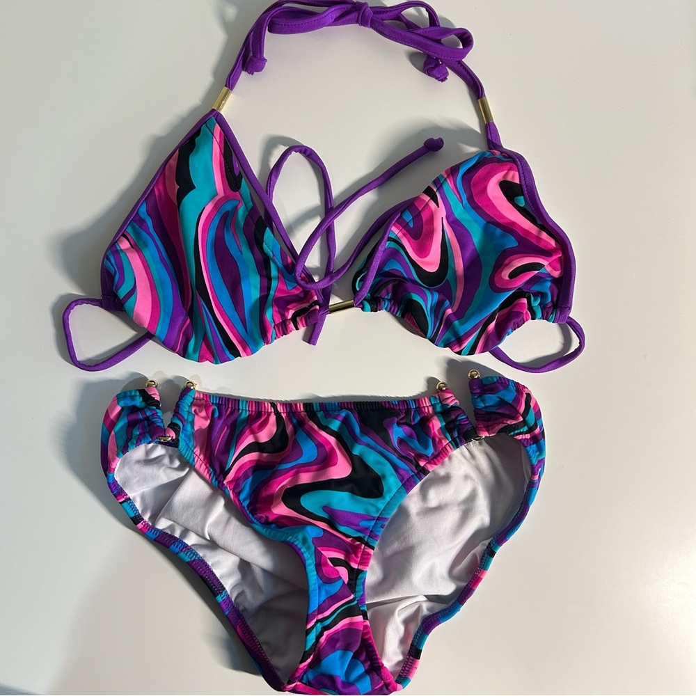 Purple Multi-Color Swirl Triangle Bikini Top and Bottom - Women's Swim